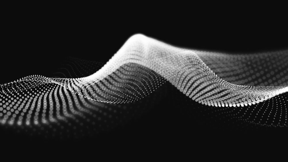 Obraz przedstawia abstrakcyjną falę złożoną z białych punktów na czarnym tle. Punkty tworzą trójwymiarowy efekt przypominający falującą powierzchnię.