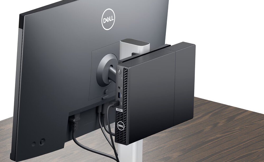 Komputer DELL OptiPlex 7020 MFF Zbliżenie na tył monitora z przymocowanym do niego małym komputerem, przeznaczenie, wielkość, wymiary, montaż