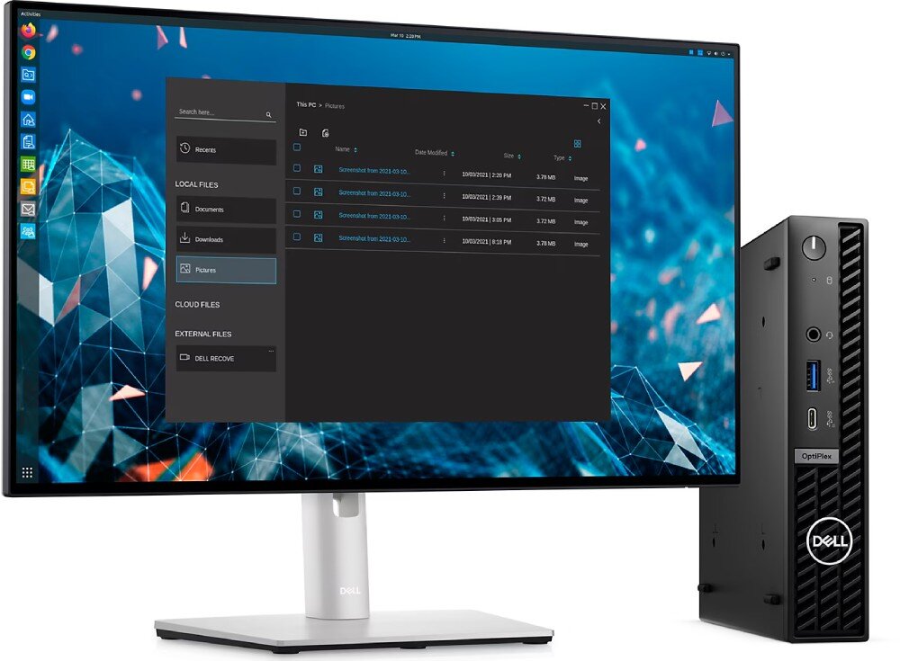 Komputer DELL OptiPlex 7020 MFF Monitor z ciemnym interfejsem systemowym wyświetlającym pliki. Obok stoi niewielki komputer o pionowej obudowie, z widocznymi portami USB i gniazdem słuchawkowym, procesor, rdzenie, wydajność