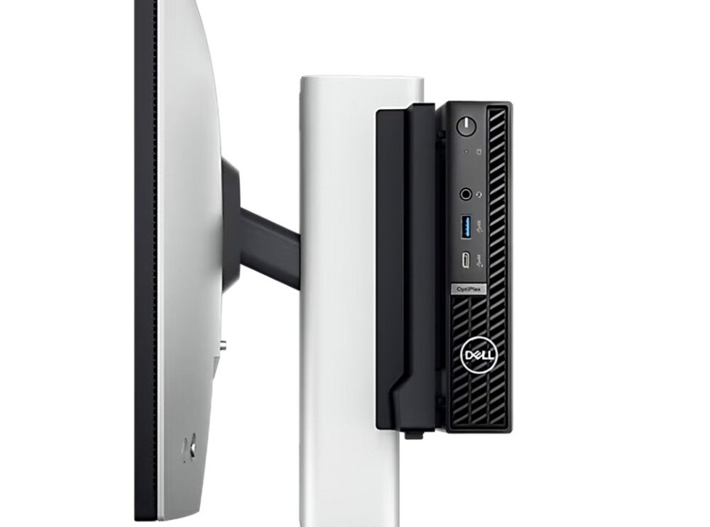Komputer DELL OptiPlex 7020 MFF Widok z boku na monitor z zamontowanym kompaktowym komputerem. Komputer znajduje się na specjalnym uchwycie przytwierdzonym do tylnej części ekranu, pamięć RAM, rozbudowa, dysk, pojemność