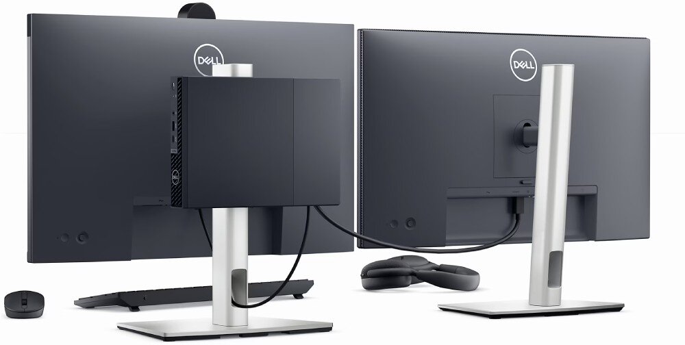 Komputer DELL OptiPlex 7020 MFF Dwa monitory ustawione na biurku tyłem, na jednym zamocowany jest komputer, który jest podłączony do obydwu monitorów, karta graficzna, monitory, porty