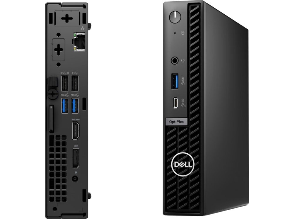 Komputer DELL OptiPlex 7020 MFF Dwa ujęcia tego samego komputera: jedno przedstawia tył urządzenia z portami, drugie pokazuje jego przedni panel, porty, złącza, łączność Wi-Fi