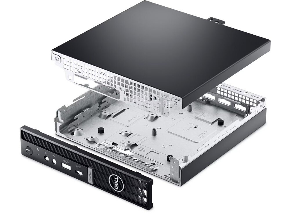 Komputer DELL OptiPlex 7020 MFF Komputer w rozłożonej formie. Widoczne wnętrze obudowy z metalowymi elementami, a obok przedni panel zdjęty z konstrukcji, recykling, materiały, certyfikaty