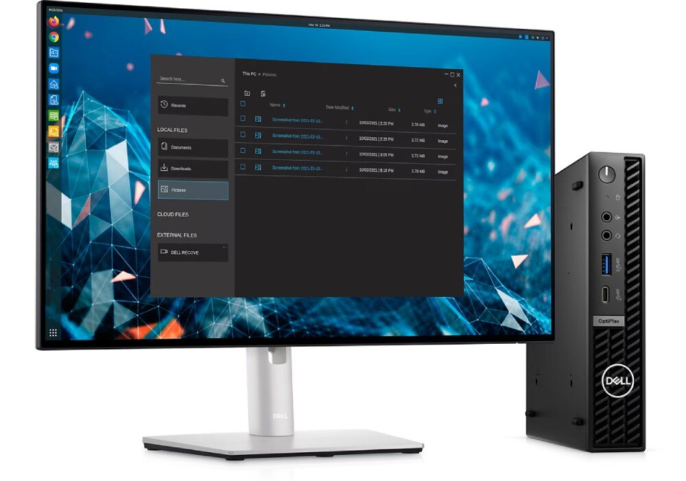 Komputer DELL Optiplex 7020 MFF Plus Monitor z ciemnym interfejsem systemowym wyświetlającym pliki. Obok stoi niewielki komputer o pionowej obudowie, z widocznymi portami USB i gniazdem słuchawkowym, procesor, rdzenie, wydajność