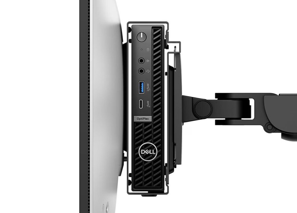 Komputer DELL Optiplex 7020 MFF Plus Widok z boku na monitor z zamontowanym kompaktowym komputerem. Komputer znajduje się na specjalnym uchwycie przytwierdzonym do tylnej części ekranu, pamięć RAM, rozbudowa, dysk, pojemność