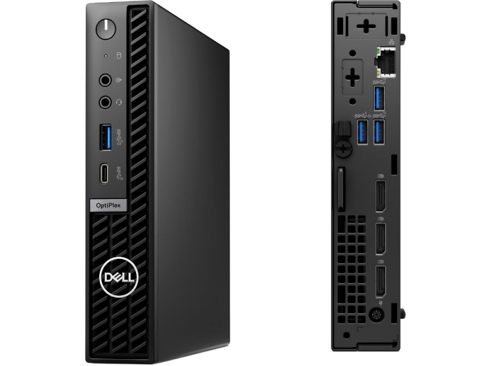 Komputer DELL Optiplex 7020 MFF Plus Dwa ujęcia tego samego komputera: jedno przedstawia tył urządzenia z portami, drugie pokazuje jego przedni panel, porty, złącza, łączność Wi-Fi