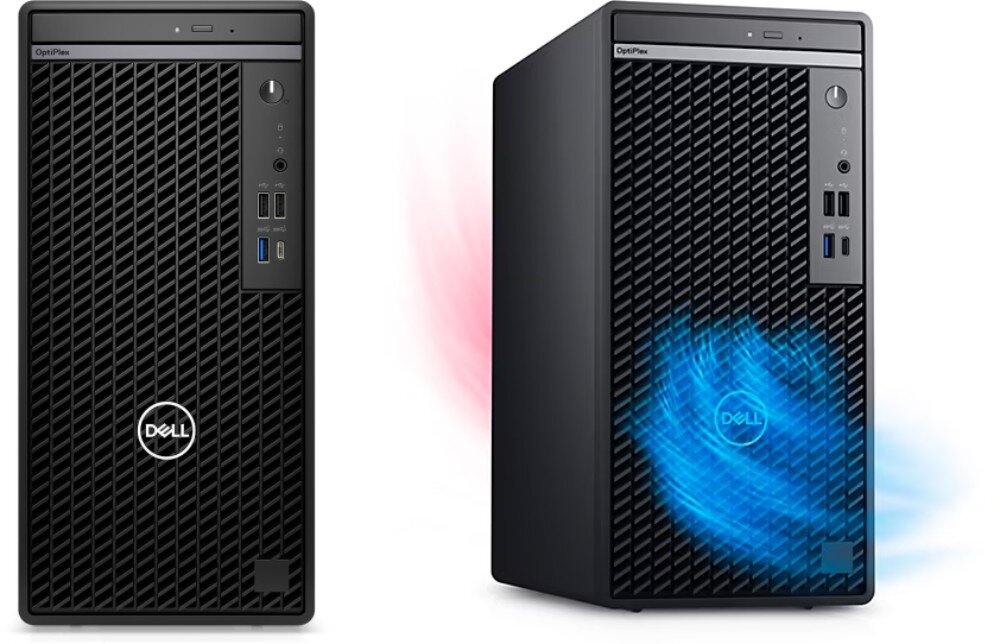 Komputer DELL OptiPlex 7020 MT Dwa komputery stacjonarne w obudowie tower. Jeden podświetlony na niebiesko, symbolizujący chłodzenie, drugi na czerwono, odnoszący się do ciepłego powietrza, chłodzenie, wentylacja