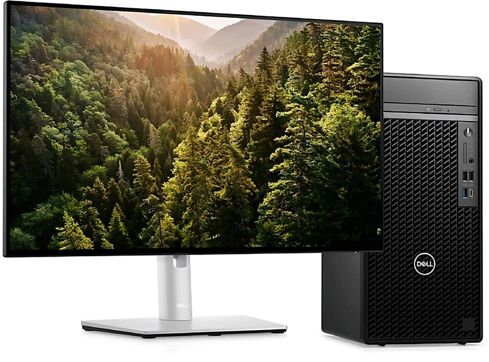 Komputer DELL OptiPlex 7020 MT Plus Zbliżenie na górną część obudowy komputera stacjonarnego. Na przednim panelu znajdują się porty USB, gniazdo słuchawkowe, porty, złącza, gniazda