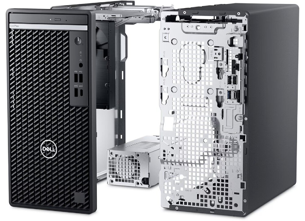 Komputer DELL OptiPlex 7020 MT Plus Komputer w rozłożonej formie. Widoczne wnętrze obudowy z metalowymi elementami, a obok przedni panel zdjęty z konstrukcji, recykling, materiały, certyfikaty