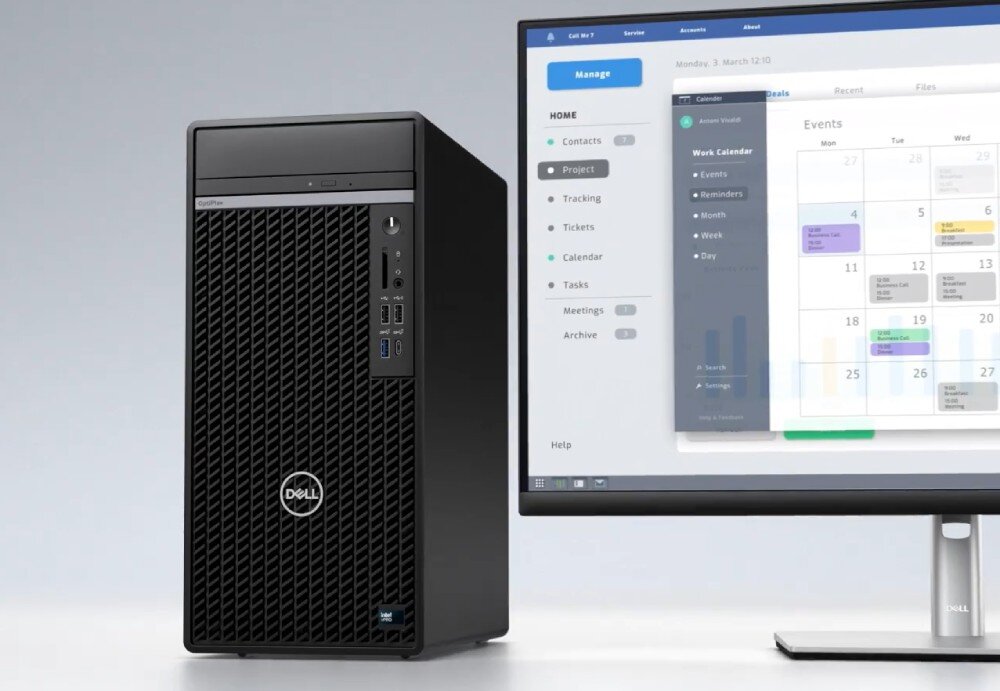 Komputer DELL OptiPlex 7020 MT Plus Komputer stacjonarny ustawiony obok monitora, na którym wyświetlany jest interfejs aplikacji biurowej z kalendarzem i listą zadań, procesor, rdzenie, wydajność