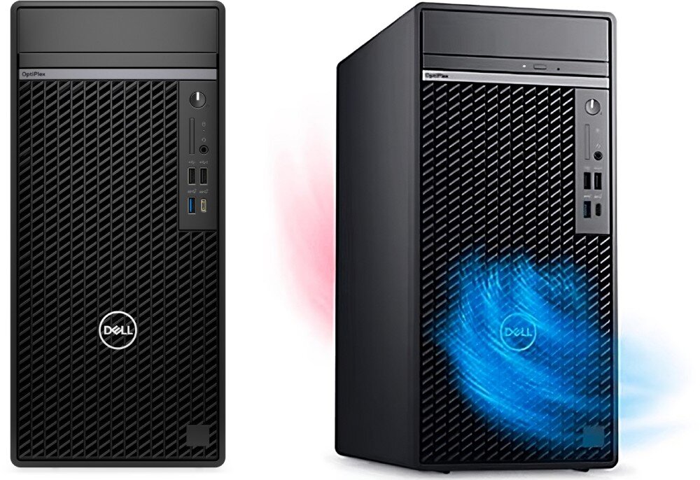 Komputer DELL OptiPlex 7020 MT Plus Dwa komputery stacjonarne w obudowie tower. Jeden podświetlony na niebiesko, symbolizujący chłodzenie, drugi na czerwono, odnoszący się do ciepłego powietrza, chłodzenie, wentylacja
