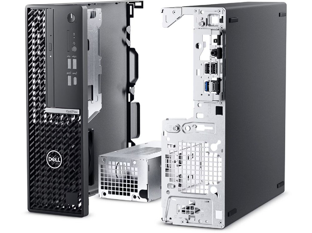 Komputer DELL OptiPlex 7020 SFF Komputer w częściowo rozłożonym stanie, z widocznym wnętrzem obudowy, slotami na podzespoły i zasilaczem, recykling, ekologia, certyfikaty