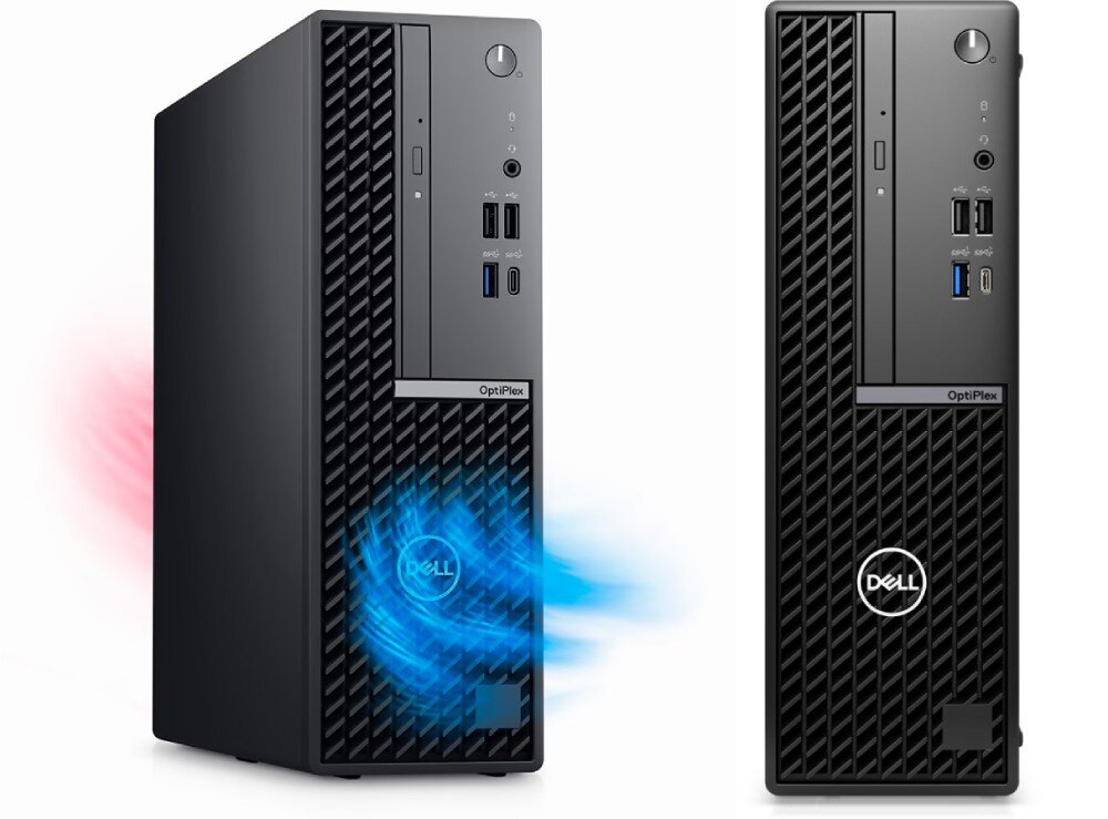 Komputer DELL OptiPlex 7020 SFF Widok dwóch jednostek komputerowych w obudowie o kompaktowej konstrukcji. Ilustracja z kolorowymi strzałami sugeruje przepływ powietrza chłodzącego, pamięć RAM, technologia DDR5, gniazda DIMM
