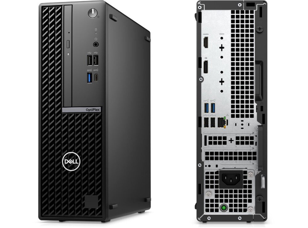 Komputer DELL OptiPlex 7020 SFF Widok komputera z przodu i z tyłu, ukazujący dostępne porty, w tym USB, HDMI i Ethernet. Obudowa posiada kratki wentylacyjne dla lepszego chłodzenia, porty, złącza, podłączenie