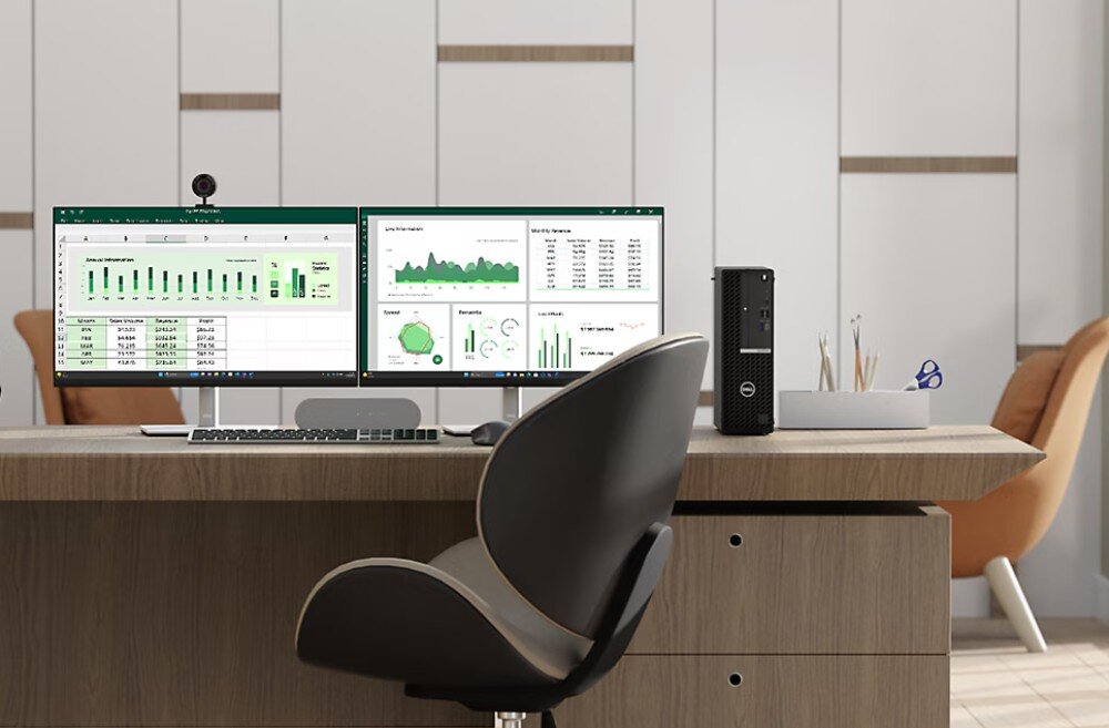 Komputer DELL OptiPlex 7020SF Biurko z komputerem i dwoma monitorami wyświetlającymi arkusze kalkulacyjne oraz wykresy analityczne, wielkość, wymiary, przeznaczenie