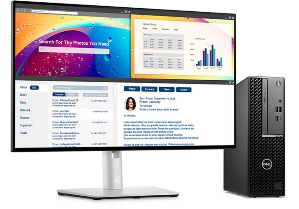 Komputer DELL OptiPlex 7020SF Komputer stacjonarny ustawiony obok monitora, który wyświetla podzielony ekran z przeglądarką internetową, arkuszem kalkulacyjnym i skrzynką e-mail, dysk, format, pojemność