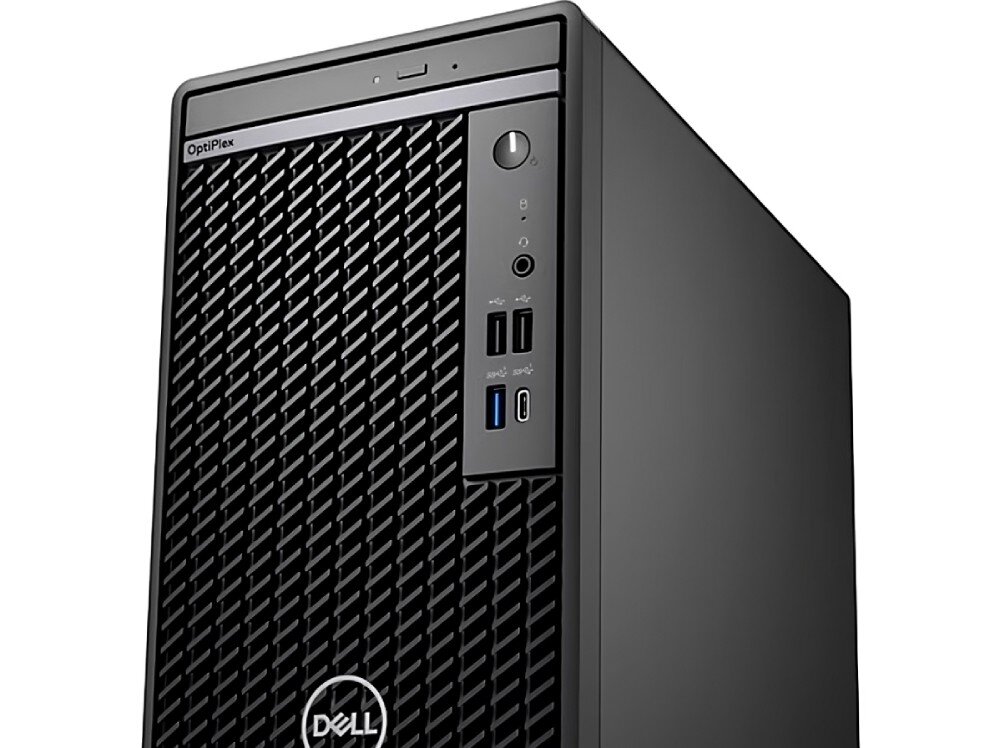 Komputer DELL Optiplex 7020 MT Zbliżenie na górną część obudowy komputera stacjonarnego. Na przednim panelu znajdują się porty USB, gniazdo słuchawkowe, porty, złącza, gniazda