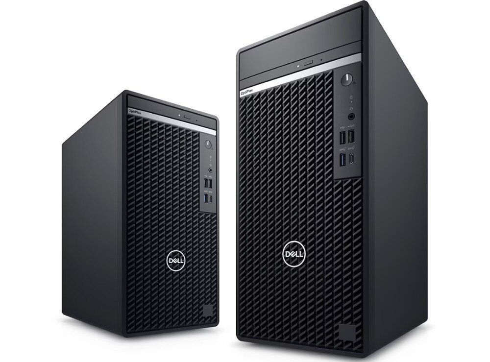 Komputer DELL Optiplex 7020 MT Dwa czarne komputery stacjonarne obok siebie, w obudowach typu tower z charakterystycznym, kratkowanym frontem, obudowa, typ, wielkość, cechy