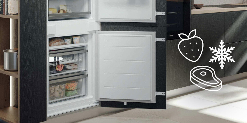 LODÓWKA HAIER HQE1855BCMW lifestyle wizualizacja ikony grafiki owoc mięso mrożenie kuchnia zabudowa zamrażarka otwarta szuflady pełne półka Błyskawiczne zamrażanie Super-Freeze