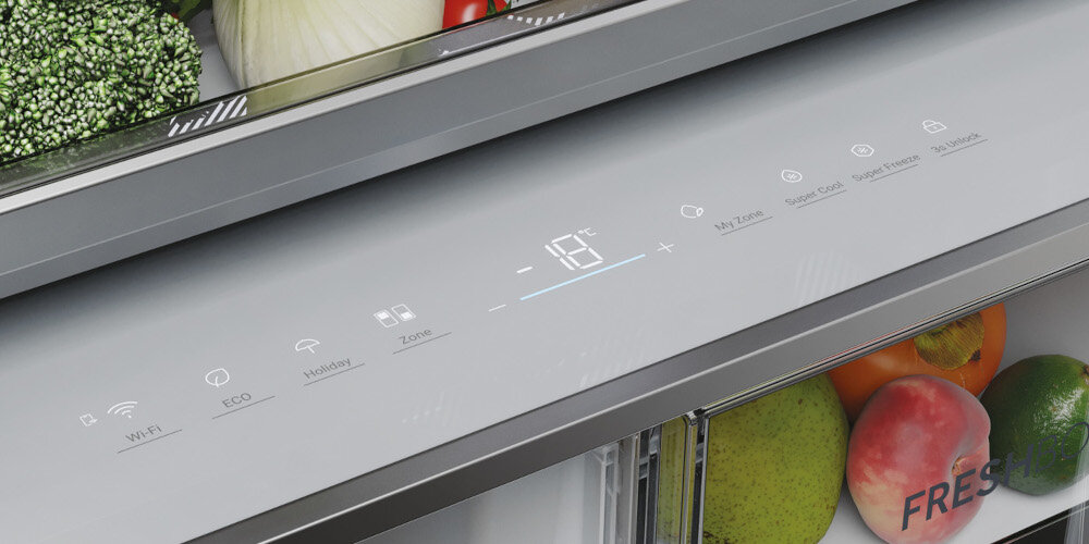 LODÓWKA HAIER HBW7719DT lifestyle Unikatowy wyświetlacz panel sterowania ustawienia funkcje regulacja wyświetlacz półka szuflada panel cyfry regulacja latwe intuicyjnie zarządzanie tryb eco wakacyjny szybkie chłodzenie