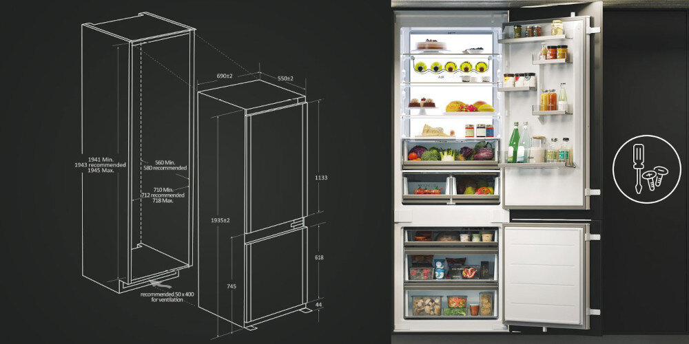 LODÓWKA HAIER HBW7719DT lifestyle konstrukcja otwarta zabudowa wymiary rysunek techniczny montaż zabudowa instalacja regulowane nóżki