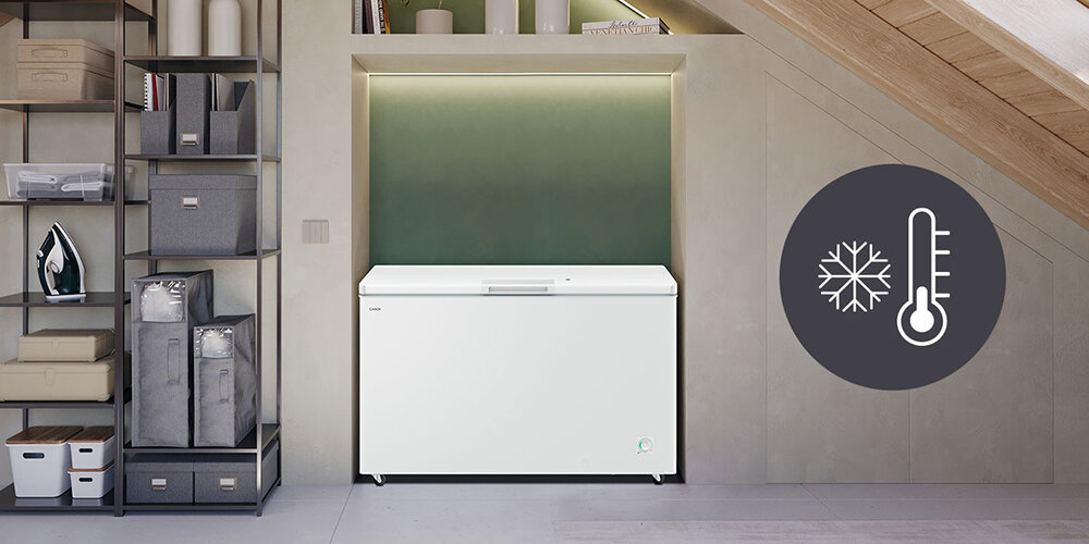 ZAMRAŻARKA CANDY CNCHQ2S420EW wizualizacja ikona termometr zamknięta front półki pudełka na regale żelazko