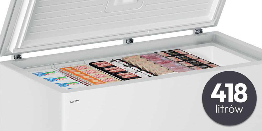 ZAMRAŻARKA CANDY CNCHQ2S420EW wizualizacja lifestyle animacja ikona pojemność otwarta wnętrze produkty mrożonki kosze