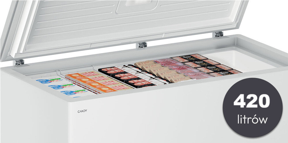 ZAMRAŻARKA CANDY CNCHQ2S420EW wizualizacja lifestyle animacja ikona pojemność otwarta wnętrze produkty mrożonki kosze