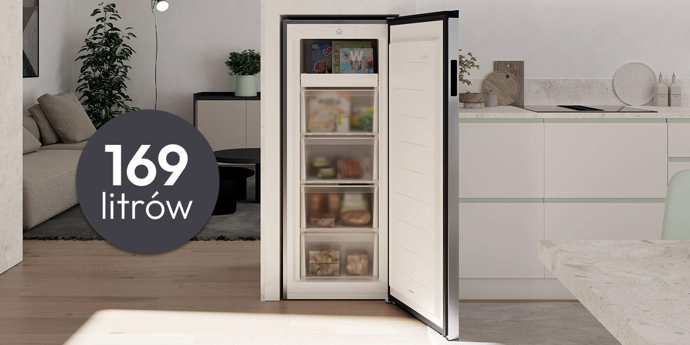 LODÓWKA CANDY CNUQ2L513EX wizualizacja lifestyle ikona ikona front otwarta wnętrze pojemność w okienku Wyjątkowo praktyczne wymiary funkcjonalność wygoda efektywność pojemność 169 litrów szerokość 54,5 cm