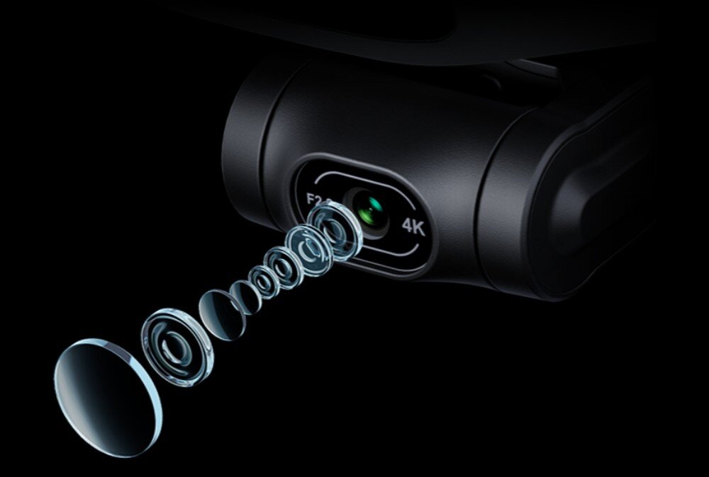 Dron POTENSIC Atom Body Zbliżenie na kamerę drona z graficznym przedstawieniem warstw soczewek obiektywu i napisem 4K