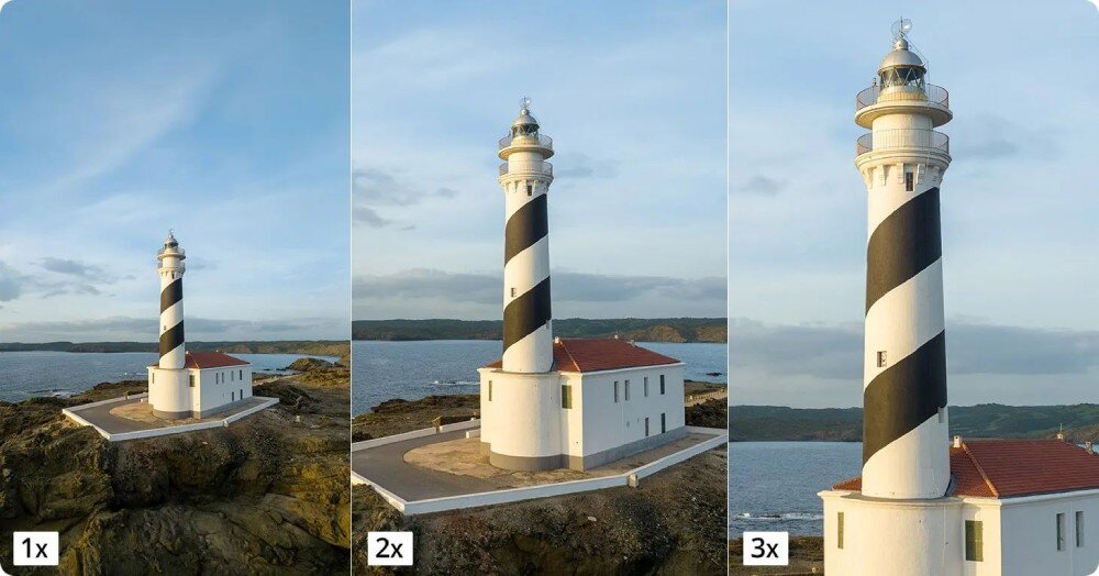 Dron POTENSIC Atom Body Zestawienie trzech zdjęć latarni morskiej prezentujące różne stopnie przybliżenia cyfrowego