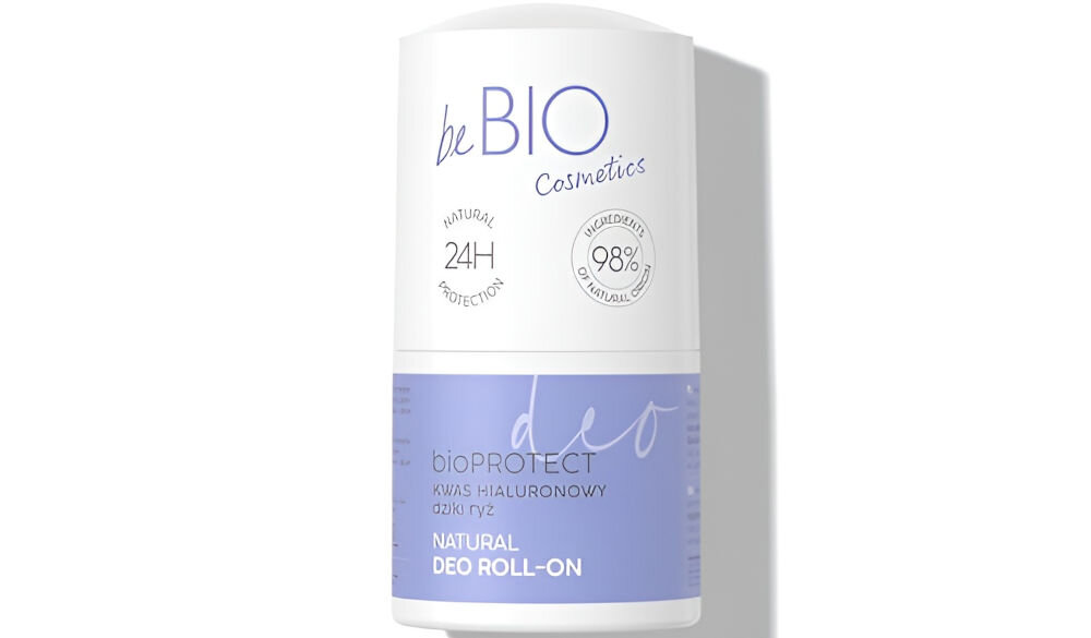 Dezodorant w kulce BEBIO Hyaluro BioProtect Dziki ryż 50ml białe tło biało fioletowe opakowanie okrągłe naturalny ałun neutralizacja nieprzyjemnego zapachu długotrwała świeżość kwas hialuronowy koi nawilża skórę ekstrakt z dzikiego ryżu działanie rozjaśnia przebarwienia zapobiega ucieczce wody z naskórka wzmacnia barierę ochronną dodatek aloesu intensywne nawilżenie ukojenie starannie dobrane składniki komfort zdrowy wygląd skóry przed użycie należy wstrząsnąć na suchą czystą skórę