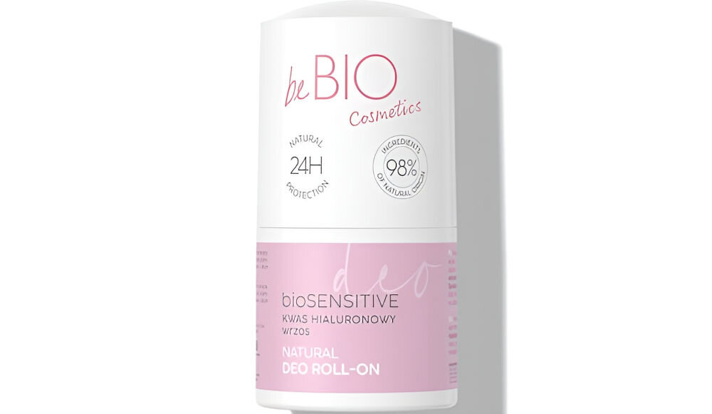 Dezodorant w kulce BEBIO Hyaluro BioSensitive Wrzos 50ml białe tło biało różowe opakowanie okrągłe naturalny ałun neutralizacja nieprzyjemnego zapachu długotrwała świeżość kwas hialuronowy koi nawilża skórę ekstrakt z wrzosu działanie antybakteryjne i łagodzące wspomaganie regeneracji skóry dodatek aloesu intensywne nawilżenie ukojenie starannie dobrane składniki komfort zdrowy wygląd skóry przed użycie należy wstrząsnąć na suchą czystą skórę 
