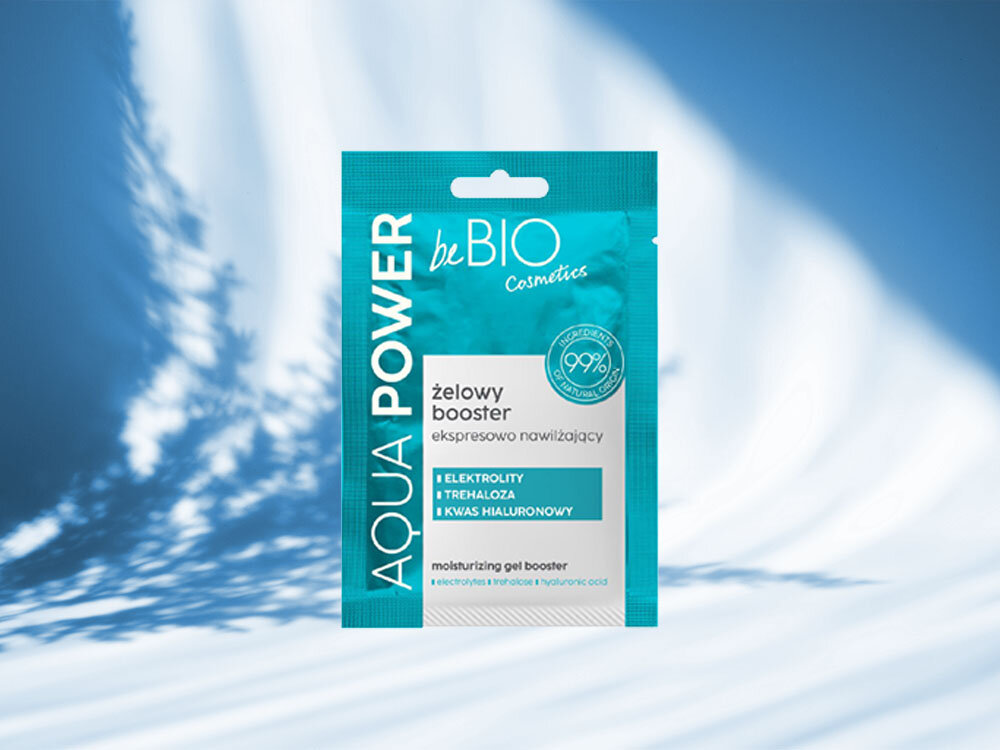 Maska BEBIO Aqua Power Żelowy booster 10 ml kompleksowa pielęgnacja biało niebieskie tło cień za maseczką opakowanie w kolorze niebieskim