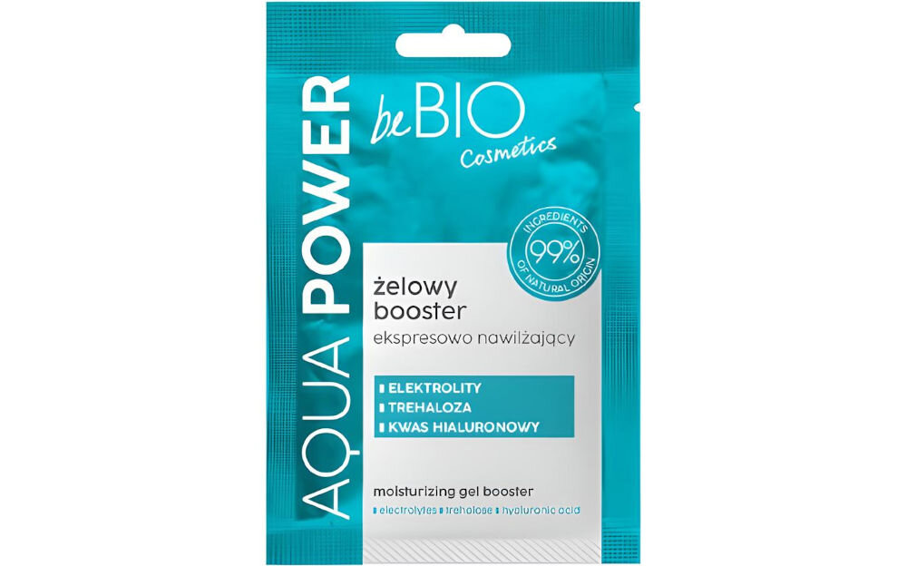 Maska BEBIO Aqua Power Żelowy booster 10 ml maseczka niebieskie opakowanie na białym tle żelowa maseczka ekspresowe nawadnianie i uelastycznienie skóry niewidzialny kompres zatrzymanie wody w naskórku kluczowe elektrolity optymalna gospodarka wodna trehaloza kwas hialuronowy magazynowanie wilgoci i stopniowe uwalnianie ekstrakt z nasion chia redukcja uczucia napięcia i zaczerwienienia zwiększone nawilżenie sprężystość wygładzenie drobnych zmarszczek miękka pełna blasku cera