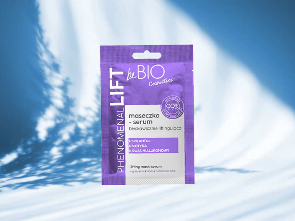 Maska BEBIO Phenomenal Lift maseczka-serum liftingująca 10 ml kompleksowa pielęgnacja biało niebieskie tło cień za maseczką opakowanie w kolorze fioletowym