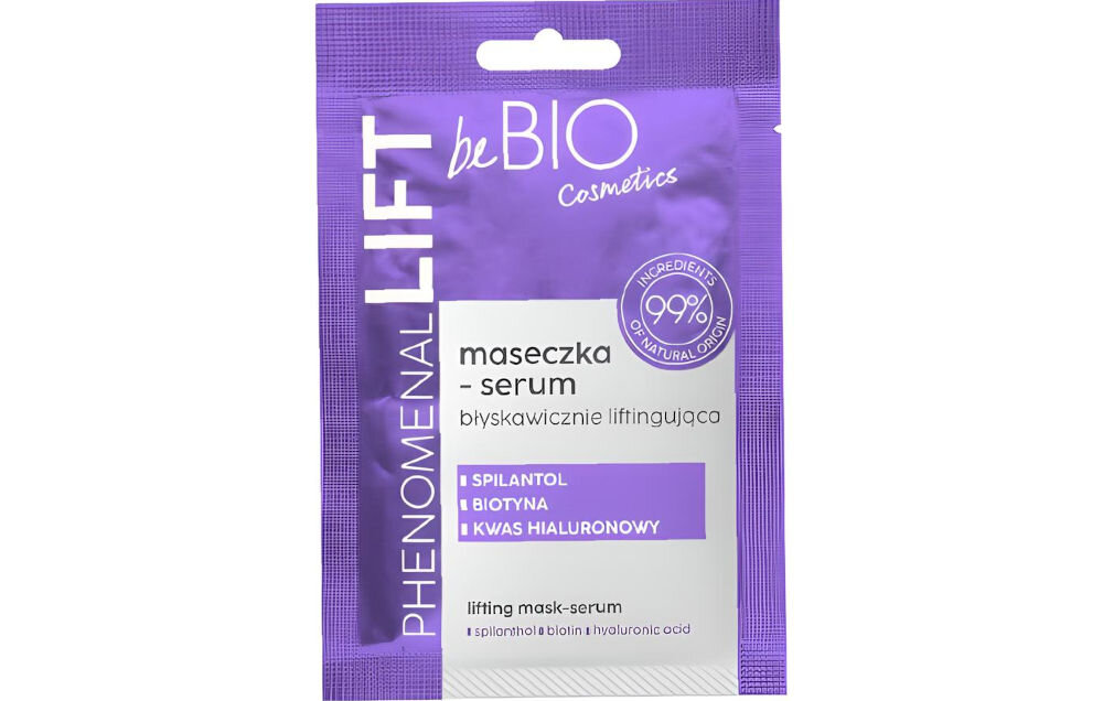 Maska BEBIO Phenomenal Lift maseczka-serum liftingująca 10 ml maseczka fioletowe opakowanie na białym tle maseczka-serum wygładzenie zmarszczek mimicznych poprawa jędrności skóry spilantol z rośliny Acmella rozluźnienie mięśni redukcja oznak starzenia roślinny kolagen i biotyna przywrócenie elastyczności kwas hialuronowy intensywne nawilżenie wypoczęta promienna cera 99% składników naturalnych ekspresowy lifting długotrwałe wygładzenie wegańska formuła testowana dermatologicznie odpowiednia dla wrażliwej skóry >
				</div>	
    		</div>
    </div>	
	
	
    <div class=