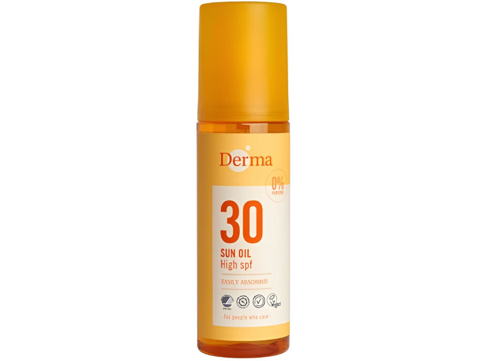 Olejek słoneczny DERMA SUN SPF 30 150 ml białe tło żółte opakowanie pomarańczowa zakrętka dla każdego wrażliwa skóra skłonności do alergii lekka nietłusta formuła szybkie wchłanianie wzbogacony witaminą E naturalne oleje nawilżenie pielęgnacja skóry ochrona przed UVA i UVB nie zawiera substancji zapachowych parabenów filtrów przenikających wysoka wodoodporność podczas letnich aktywności wygodny atomizer 