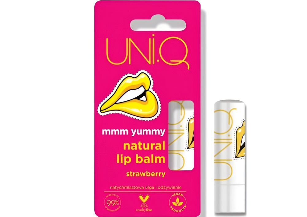Opakowanie balsamu do ust UNI.Q z grafiką żółtych ust na różowym tle. Tekst na opakowaniu: \'mmm yummy natural lip balm strawberry\'.