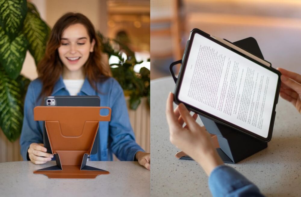 Etui na iPad Air UNIQ Ryze 360 etui w rekach kobiety, tablet, wielofunkcyjnosc, orientacja, obrotowy dysk, podstawka