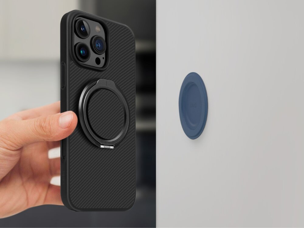 Uchwyt magnetyczny UNIQ GripFit 360 Magnetic Mount&Kickstand uchwyt na białym tle smartfon ergonomiczny kształt wspiera obsługę jedną ręką smukła forma