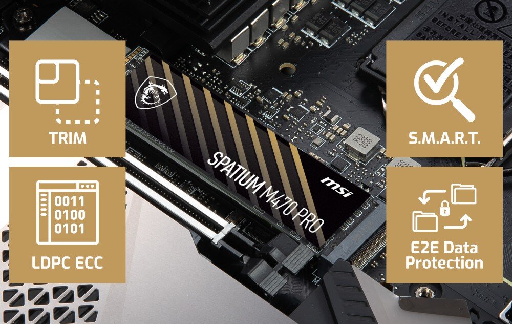 Dysk MSI Spatium M470 Pro 1TB SSD Zbliżenie na wnętrze komputera z zamontowanym dyskiem. Wokół znajdują się cztery złote ikony: TRIM, SMART, E2E Data Protection oraz LDPC ECC, symbolizujące funkcje bezpieczeństwa i optymalizacji, zabezpieczenia, ochrona danych