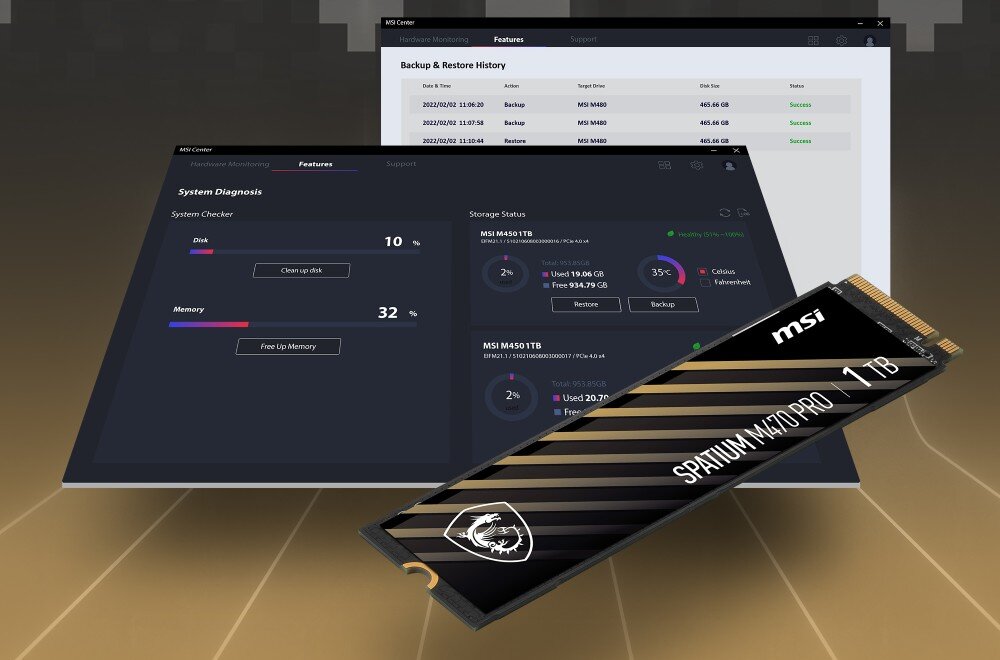 Dysk MSI Spatium M470 Pro 1TB SSD Widok panelu aplikacji diagnostycznej na ekranie komputera z informacjami o stanie dysków i kopiach zapasowych. Na dole po prawej stronie widoczny dysk w formacie M.2, aplikacja, narzędzia, funkcje