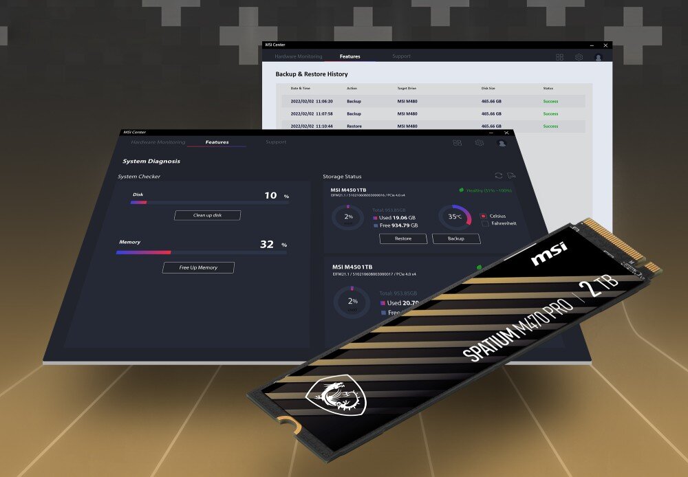 Dysk MSI Spatium M470 Pro 2TB SSD Widok panelu aplikacji diagnostycznej na ekranie komputera z informacjami o stanie dysków i kopiach zapasowych. Na dole po prawej stronie widoczny dysk w formacie M.2, aplikacja, narzędzia, funkcje