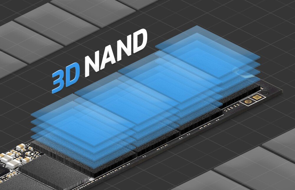 Dysk MSI Spatium M560 Graficzna wizualizacja technologii pamięci z warstwami niebieskich bloków 3D NAND ułożonych nad czarnym modułem dysku, cechy, zalety, przeznaczenie