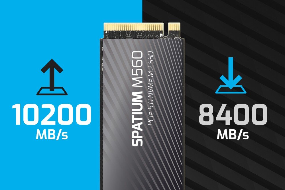 Dysk MSI Spatium M560 Po lewej stronie grafika z napisem '10200 MB/s' i strzałką w górę, po prawej '8400 MB/s' ze strzałką w dół, pomiędzy nimi pionowo ustawiony dysk z napisem 'Spatium M560 PCIe 5.0 NVMe M.2 SSD', interfejs, szybkość, odczyt, zapis