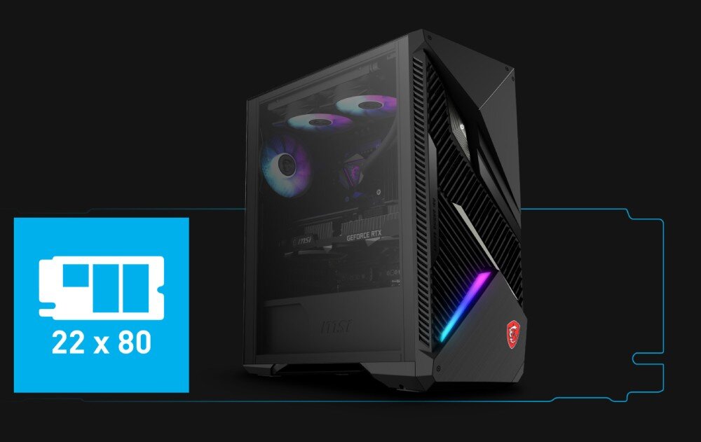 Dysk MSI Spatium M560 Obraz przedstawiający obudowę komputera stacjonarnego z podświetleniem RGB, po lewej ikona formatu dysku z napisem '22 x 80', wielkość, format, pojemność