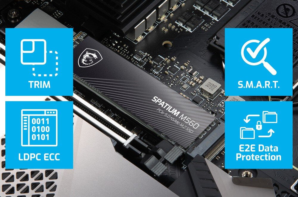 Dysk MSI Spatium M560 Zbliżenie na zamontowany w płycie głównej dysk, otoczony niebieskimi ikonami oznaczającymi funkcje TRIM, S.M.A.R.T., LDPC ECC i E2E Data Protection, korekcja błędów, żywotność, wytrzymałość
