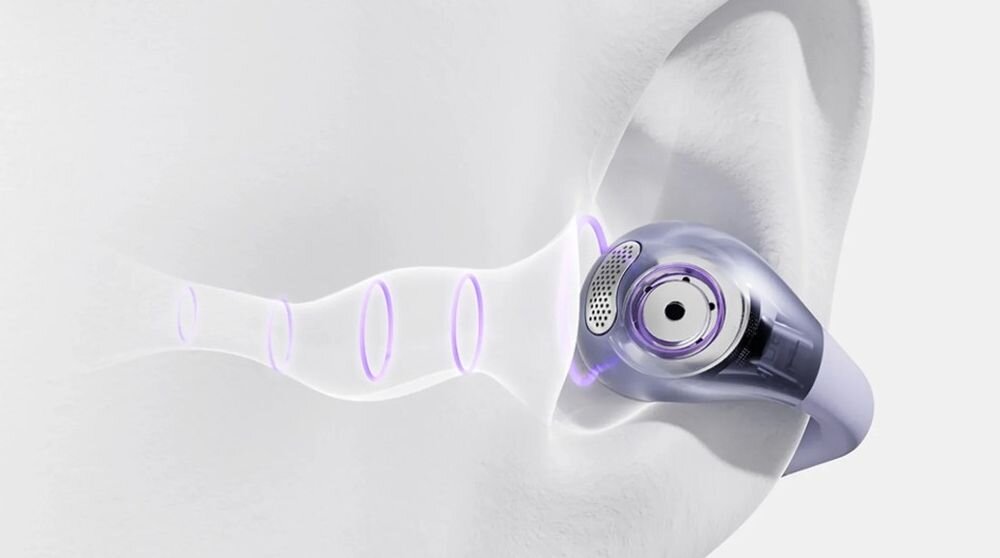 Słuchawki powietrzne QCY Crossky Clip T33 otwarty design C-Shape i kontakt z otoczeniem, wizualizacja słuchawki włożonej do ucha