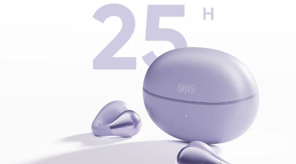 Słuchawki powietrzne QCY Crossky Clip T33 czas pracy 5.5h i 25h z etui ładującym, słuchawki wraqz z etui ładującym na białym tle, logo 25 h